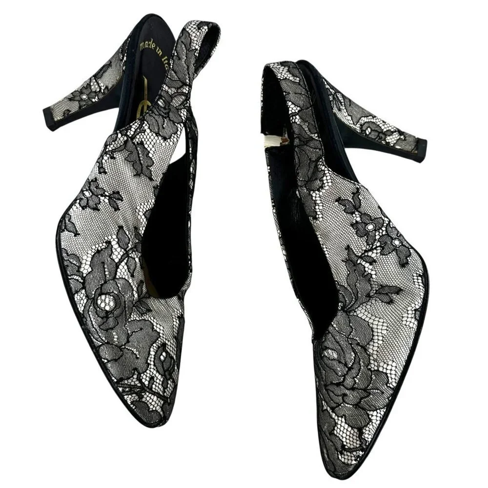 Vintage YSL Black Lace Slingback Pumps Size 7.5 Yves St Laurent
